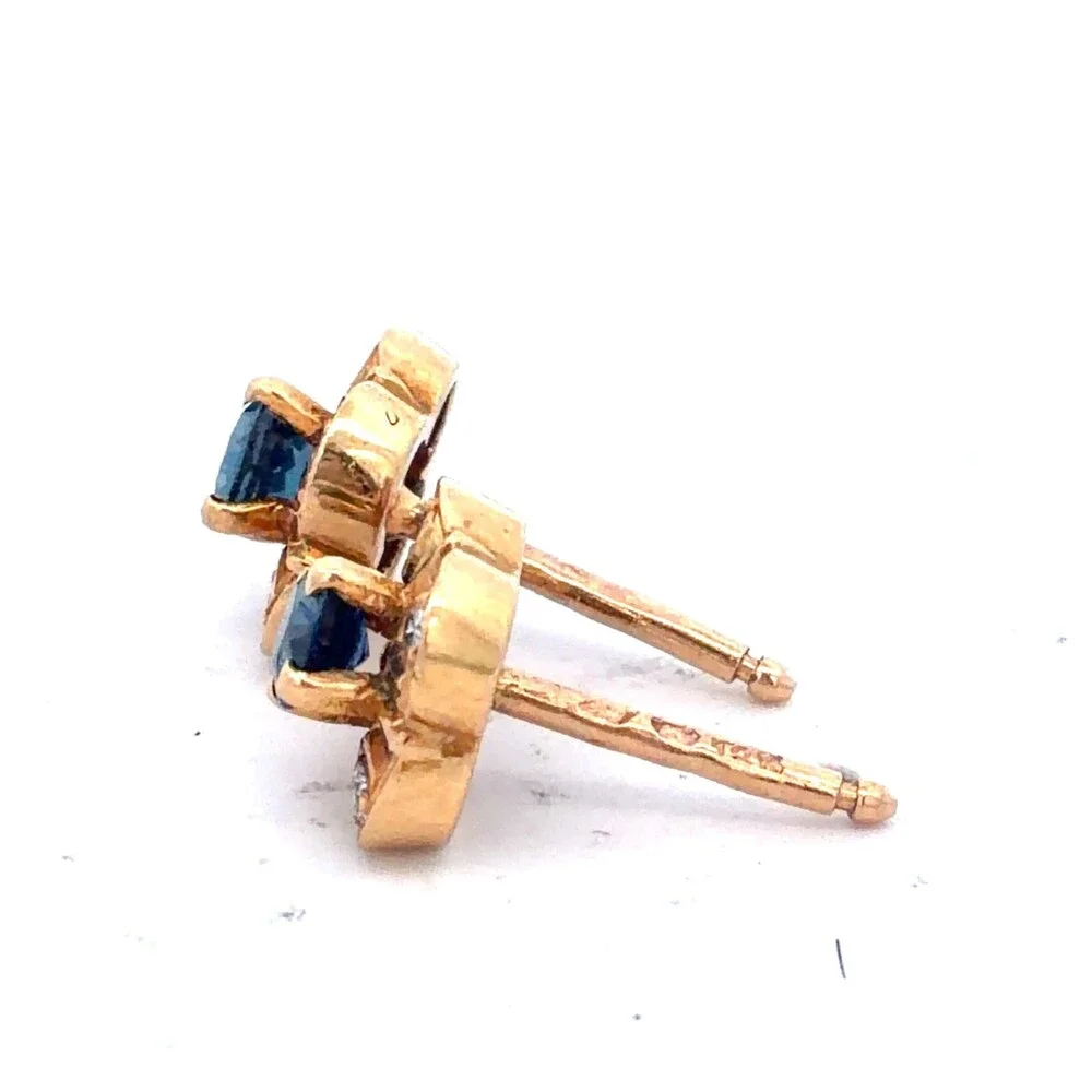 Designer 18K Yellow Gold Sapphire Diamond Accent Flower Clover Stud Earrings